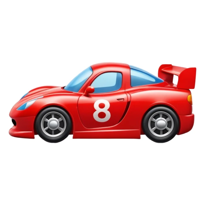 A red toy race car with a happy smiling face on the front sticker