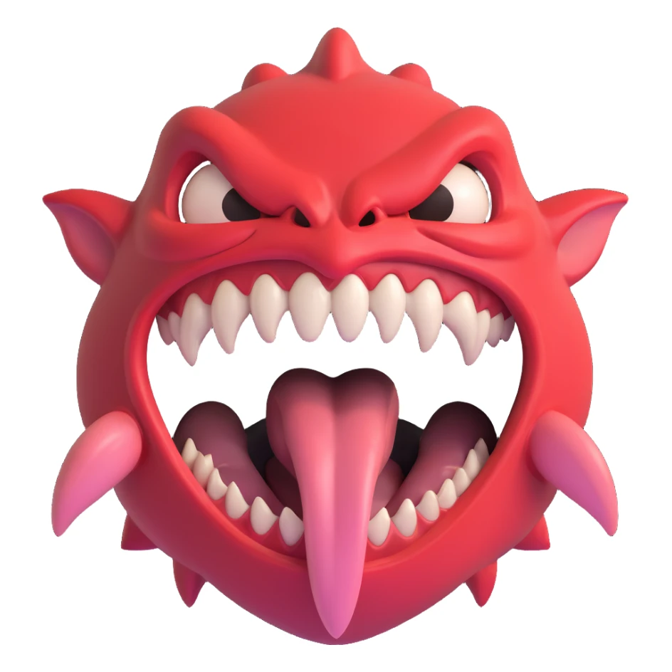 terrifying beast with a gaping mouth, big sharp teeth, and a monstrous tongue, horror cartoon style sticker
