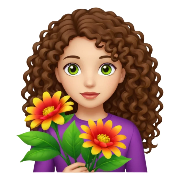 light skinned brunette long curly haired girl with green/hazel eyes holding big bright bunch of flowers. White background. sticker