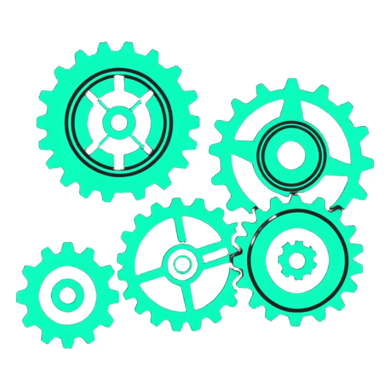 A set of connected gears turning in unison, showing a repeatable system sticker