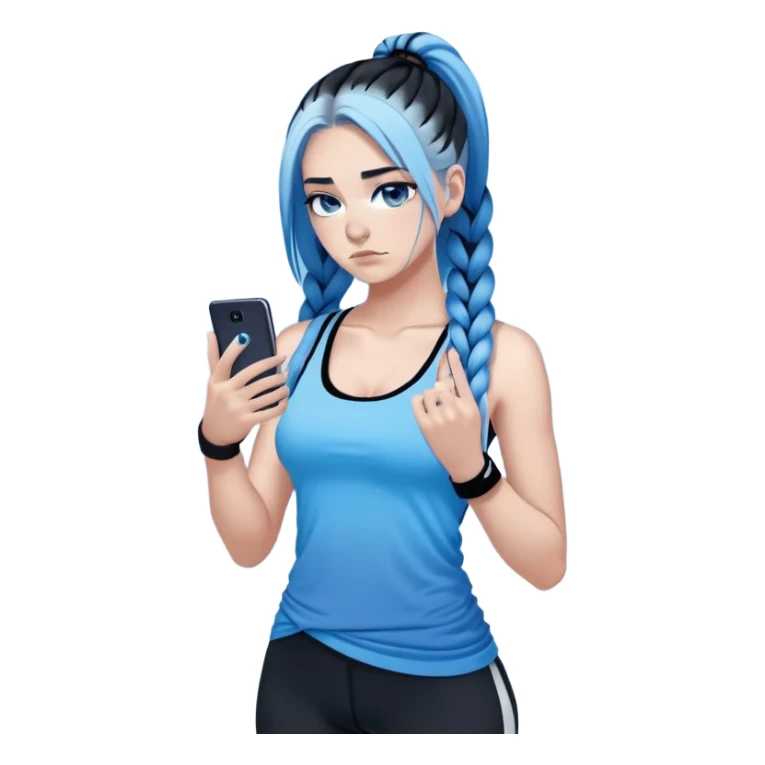 Broken hearted-Female-very very very large chest-texting on a samsung cell phone-very long straight braided black to sky blue hair ombre-blue eyes-black eyeliner-long eyelashes-sky blue low cut tank top with middle finger logo-white leggings-nike high top sneakers sticker