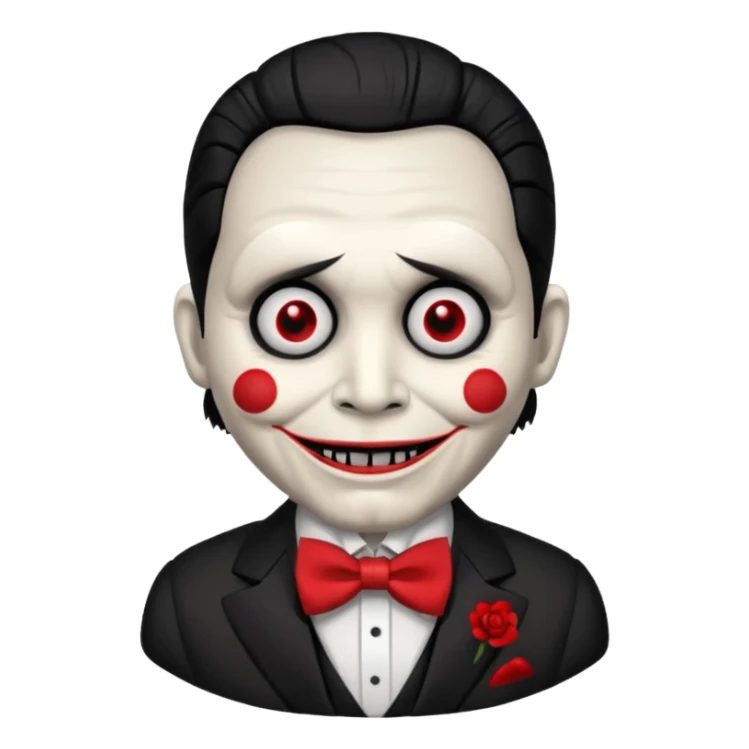 Billy the puppet from Saw, emoji style, close-up face, red spiral cheeks, black hair, red eyes sticker