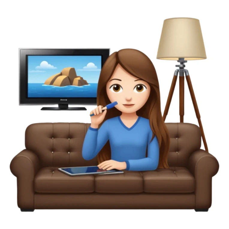 beautiful girl with long brown hair constructing new lounge room area with flat screen tv and couch sticker
