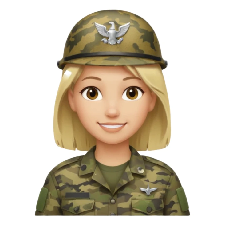 Apple-style emoji: female soldier, bust, no cap/helmet, friendly smile, generic camo top, blonde hair sticker