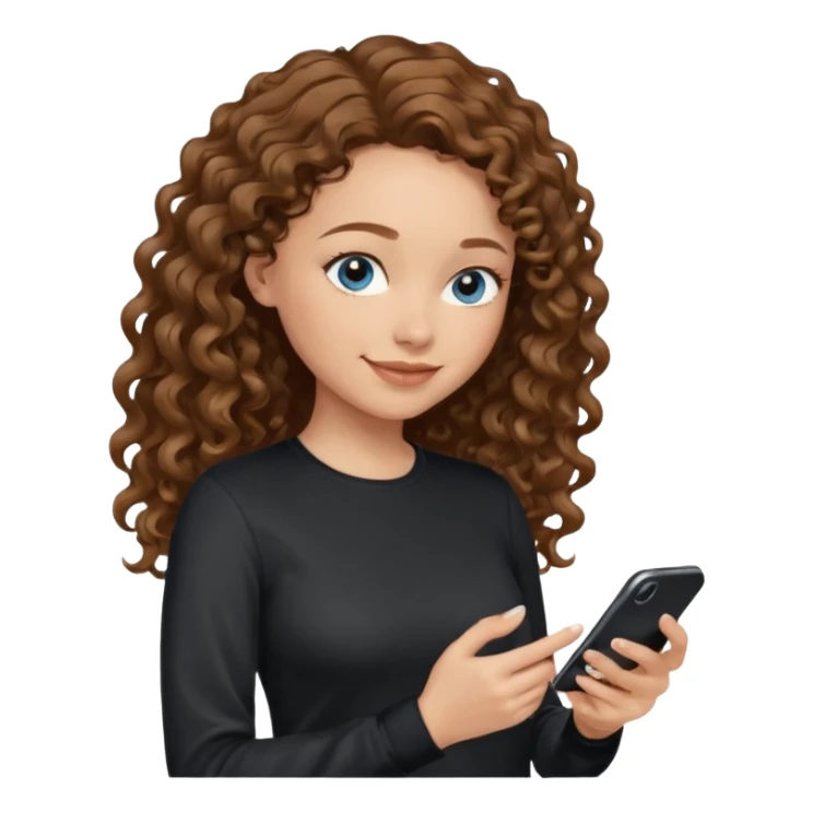 generate a pretty woman with blue eyes, light skin and medium brown long wavy/curly shiny hair holding a phone she is looking at the phone while looking down at the screen. she is wearing an ALL black long sleeve sticker