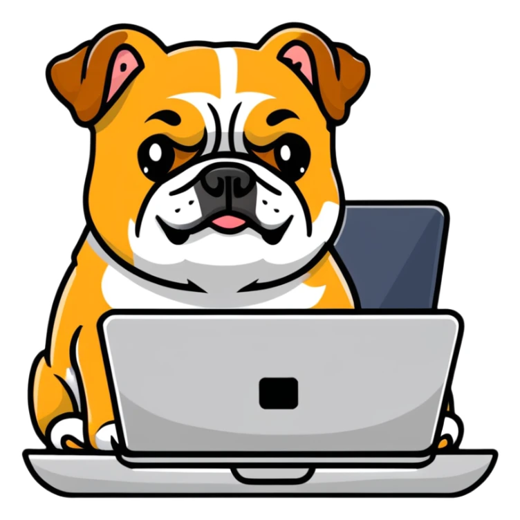 English bulldog with a laptop sticker