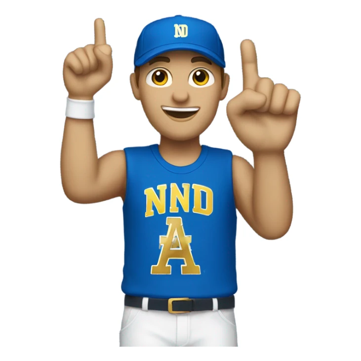 White man with blue cap that says ND in gold letters with a blue foam finger  sticker
