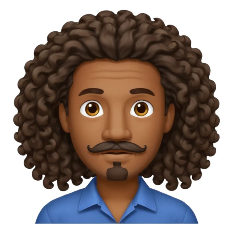 a martinican with long curly hair who fall, a goatee, a mustache sticker