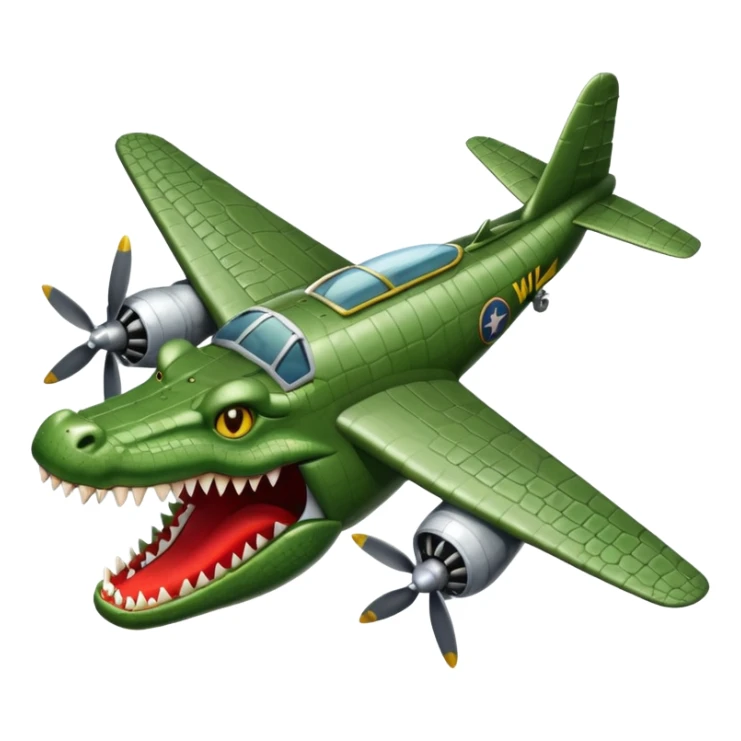 crocodile with its head transformed into the front of a WWII bomber plane mouth agape sharp teeth metallic body wings and propellers emoji style absurd meme-inspired sticker