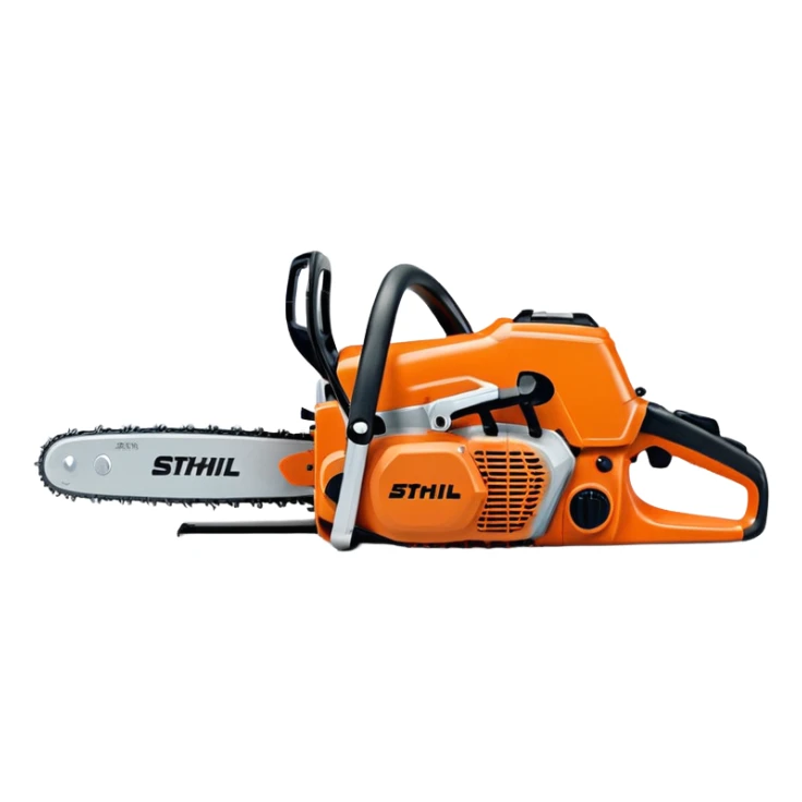 Stihl MS500i chainsaw, side view, showing the Stihl logo clearly, realistic proportions but simplified details, bright orange and silver color scheme, clean design, suitable for emoji style sticker