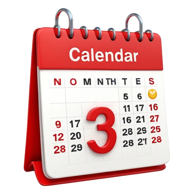 Apple-style 3D emoji icon of a calendar in perspective view, minimalistic design, only one centered date number, no month name, no weekday, no text or symbols other than the single number, realistic glossy material, soft depth, clean and detailed rendering sticker
