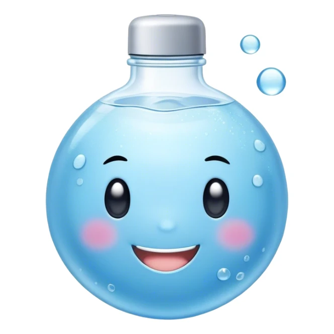 Cute Kawaii Water Bottle, round and bubbly, soft blue with tiny water droplets around, a happy smiling face, gentle glowing highlights, fresh and refreshing vibes! sticker