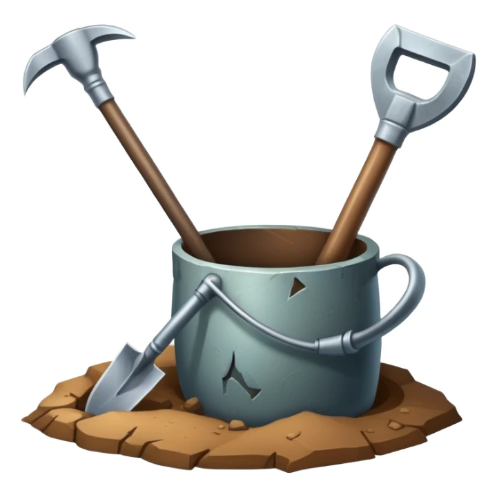 An icon featuring a shovel, pickaxe, and an ancient artifact like a broken pot, symbolizing the essentials of archaeology. The design focuses on the tools of excavation and discovery, recognizable look. Transparent background. sticker
