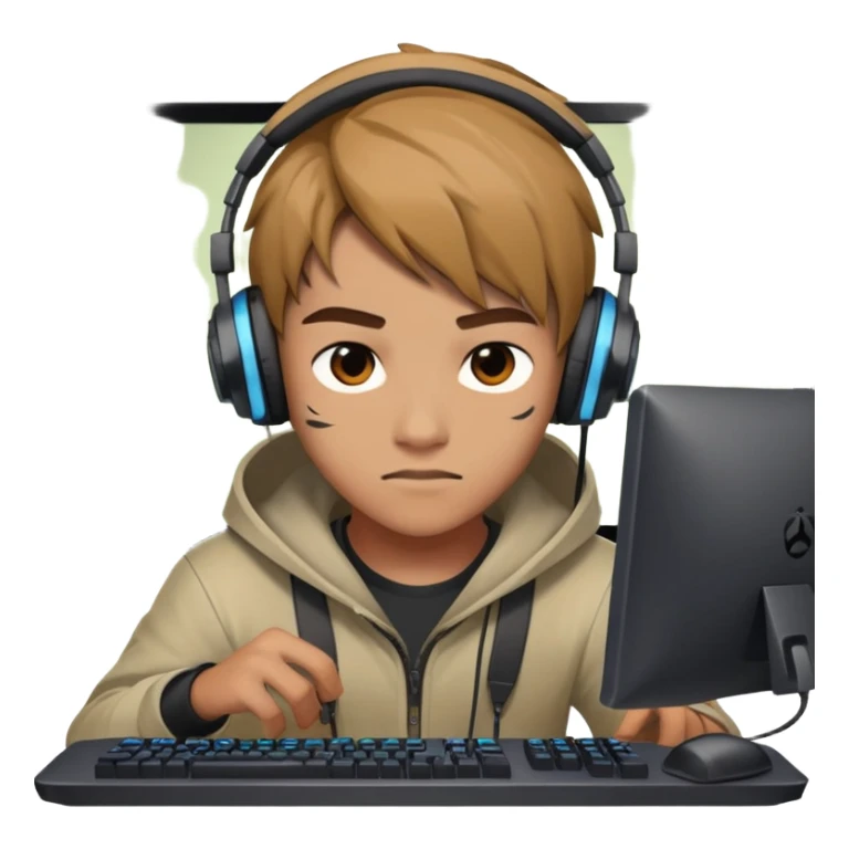 gamer with headphones playing Dota 2, focused on computer screen sticker