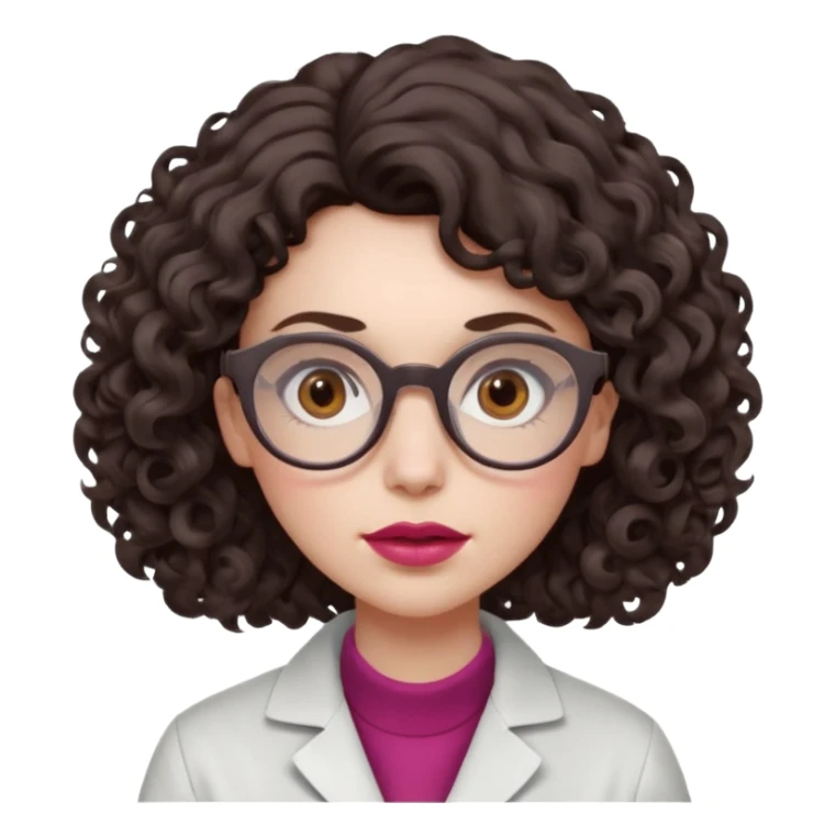 A crazy female scientist, with curly-wavy dark brown medium lenght hair, brown eyes and light grey glasses and pale skin and pinkish lips, dressed to look like an english teacher but in neutral tones like grey black white, maybe with the pop of dark red, she should look slighltly insane sticker