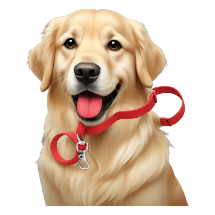 English Golden retriever holding red leash in mouth sticker