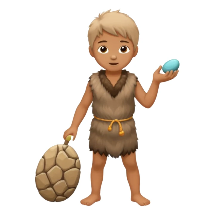 A barefoot child in fur tunic playing with a small stone toy.



















 sticker