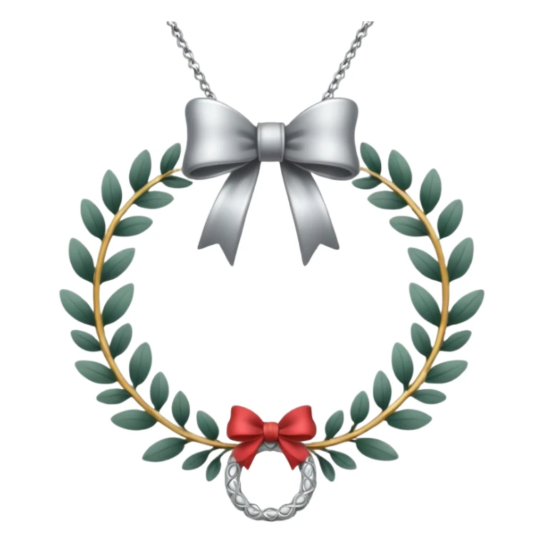 A silver necklace with a wreath shaped pendant and a bow at the top sticker