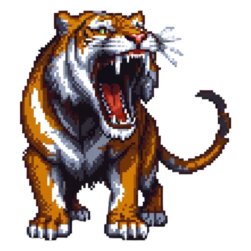 saber-toothed tiger with enormously long fangs, exaggerated canine teeth almost reaching the ground sticker