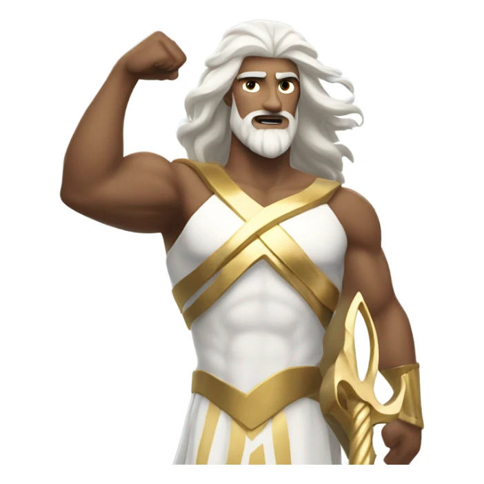 white Poseidon with gold Trident. long white hair white dress. show biceps muscle sticker