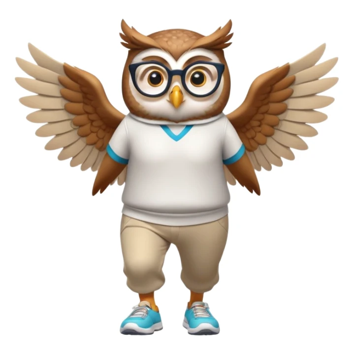 friendly anthropomorphised owl with wings instead of arms, in pants and a shirt, wearing glasses, jogging upright, standard pose sticker