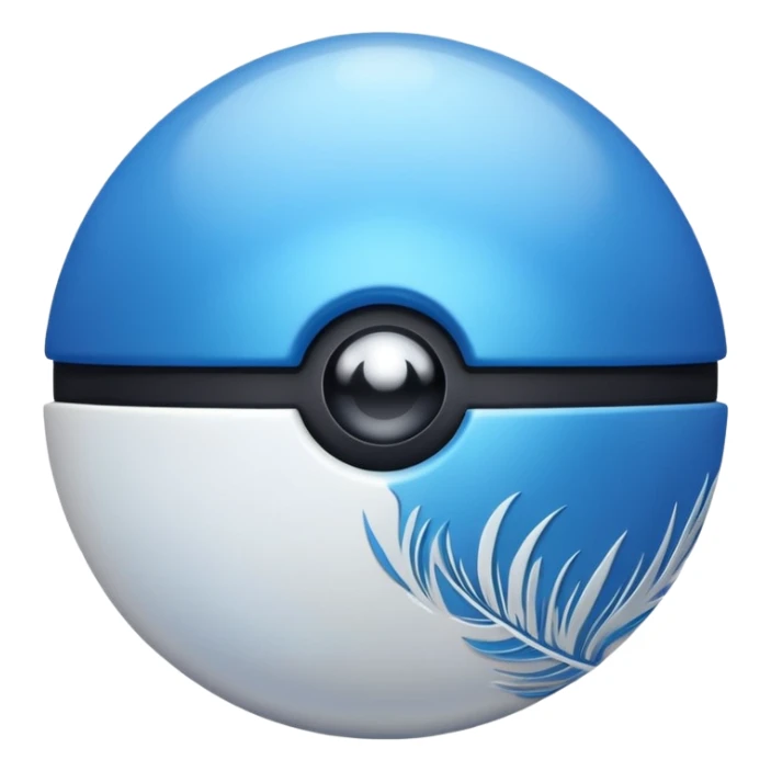 blue pokeball emoji, top half is a more saturated blue, bottom half is white, black stripe, with a white sheen, with a pearlescent finish, with a feather effect sticker