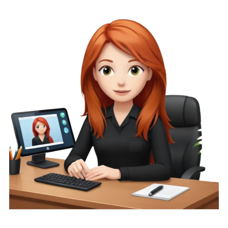 Video call therapy session: red-haired therapist with long hair wearing black minimalist clothing, seated in a professional home office, looking at the webcam; calm, modern teletherapy setting sticker