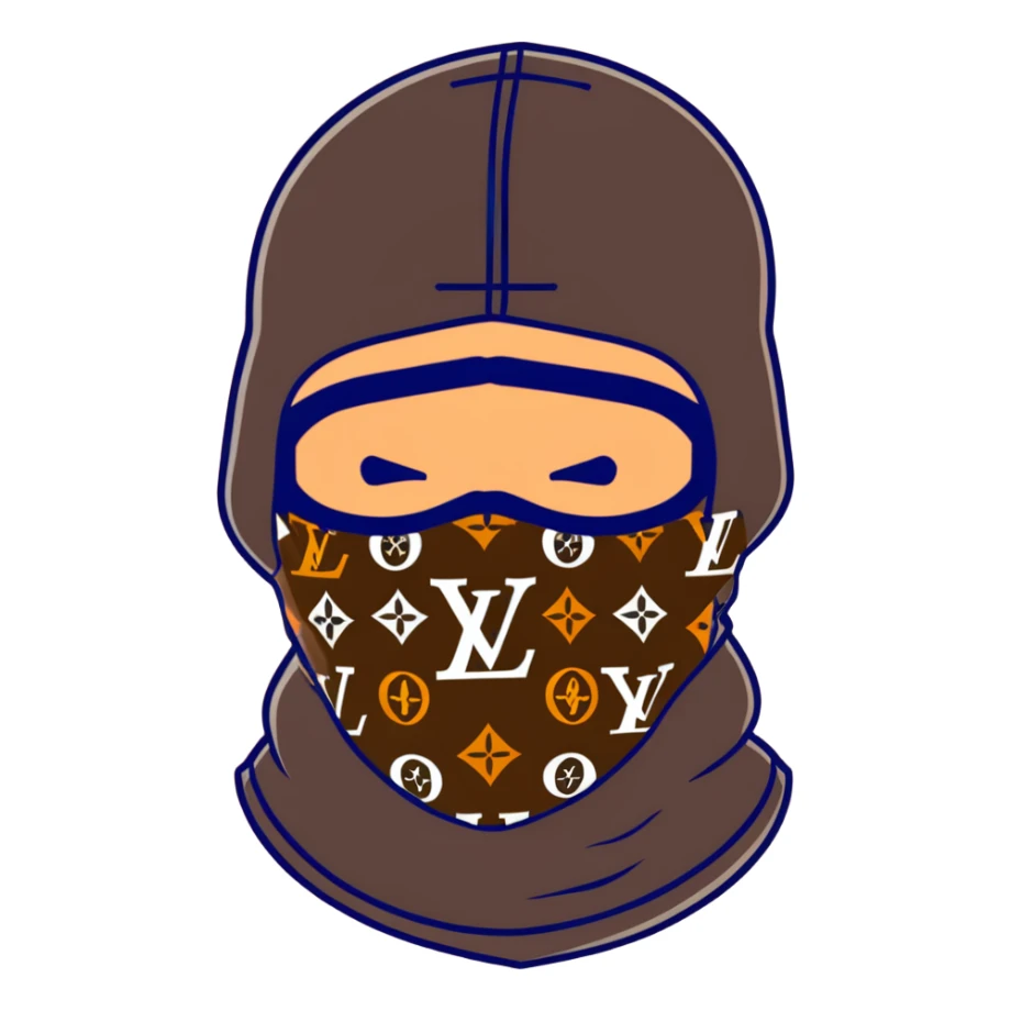 designer Louis Vuitton balaclava ski mask with the iconic brown LV monogram pattern sticker