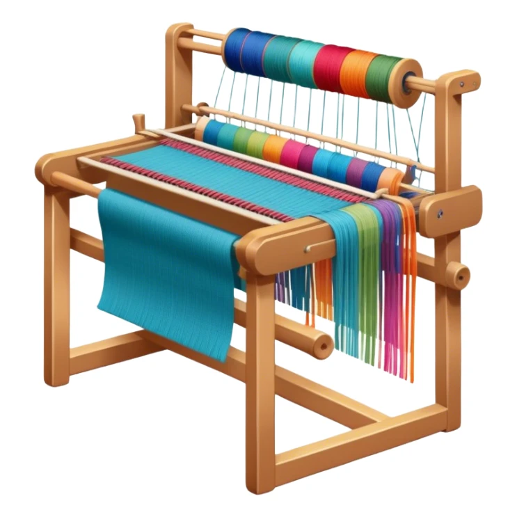 Weaving icon, loom with colorful fabric being woven, visible shuttle, spools of yarn, fabric swatches, sewing patterns, and finished clothes, minimalistic style, clean lines, transparent background. sticker
