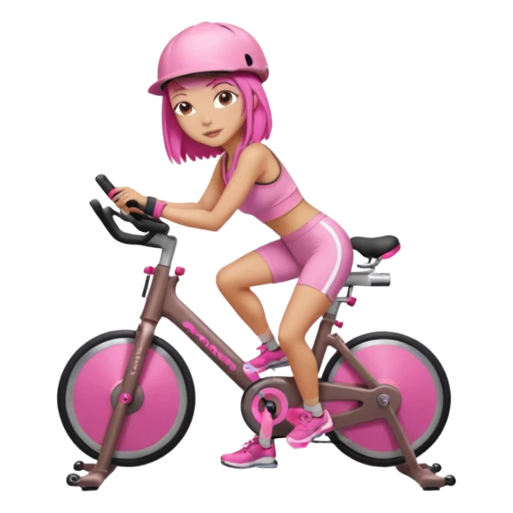 Light tan girl with a brown bob hat style with pink highlights in a pink workout set leaning on a indoor cycle bike, no helmet but add pink hair highlights  sticker