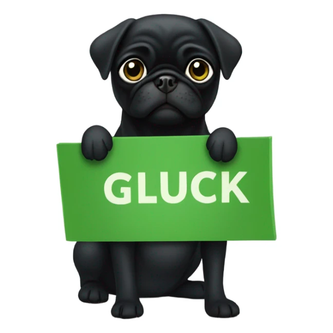 Black pug holding a green sign that says good luck  sticker