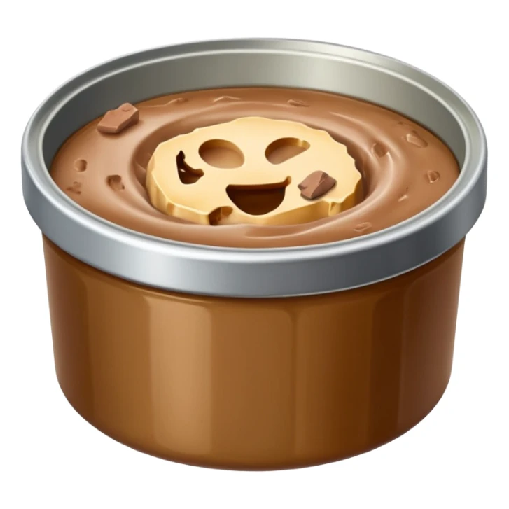 open metal can filled with soft moist chunks or smooth pâté in natural brown tones, slightly glossy gelatinous surface, clean edge, no label, no pet, spoon, or bowl, just the open can and contents, apple emoji style, soft lighting, subtle shadows, transparent background, emoji scale sticker