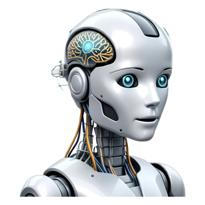 An icon featuring a humanoid robot, a neural network diagram, and a glowing brain, symbolizing artificial intelligence. The design includes binary code, a microchip, and data flow lines, representing machine learning, automation, and innovation. Transparent background sticker