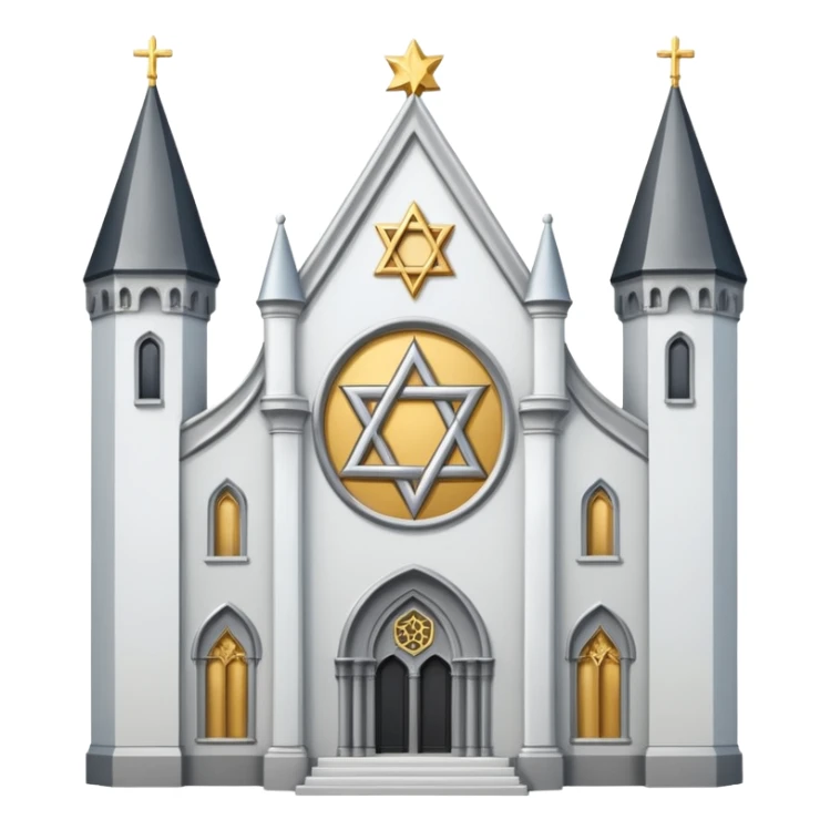 reform jewish synagogue similar in architecture to historical religious architecture in europe. the building should be white with silver/golden features, gothic architectural elements and star of david. no crosses. the emoji should be in ios emoji style. sticker