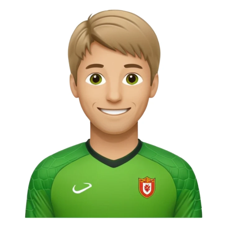 Edwin Van De Sar as an apple style emoji, wearing a green goalkeeper kit, smiling sticker