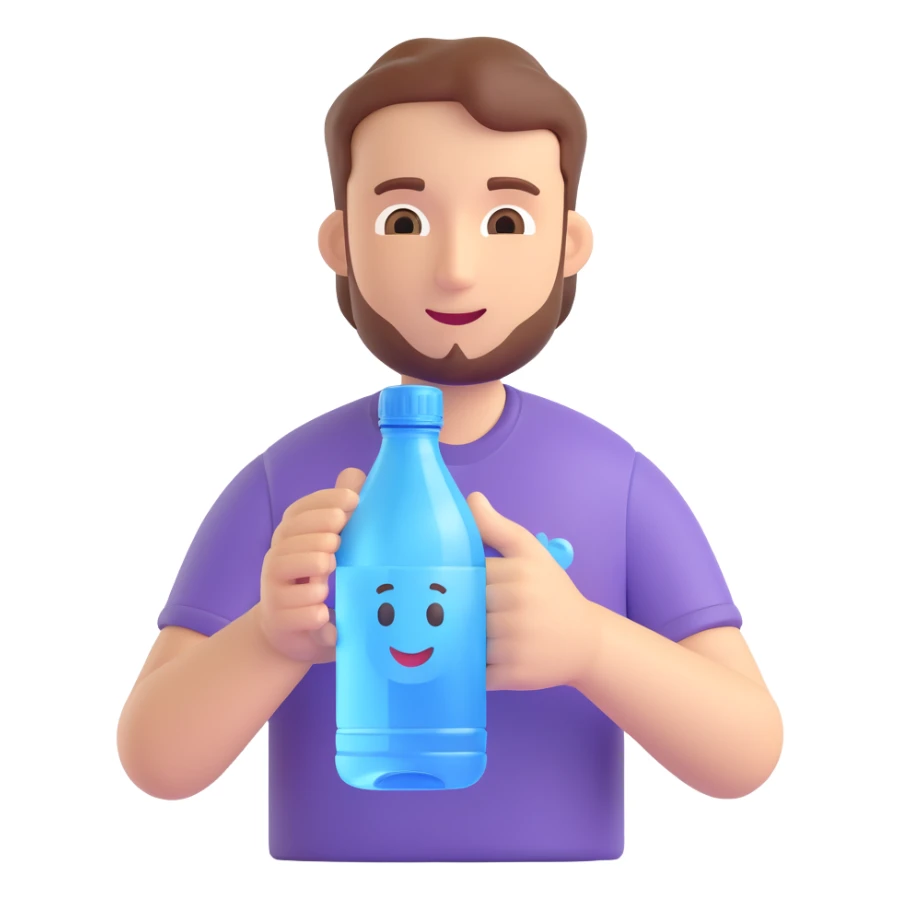 a man carrying a water bottle featuring a water drop logo, 3D emoji style sticker