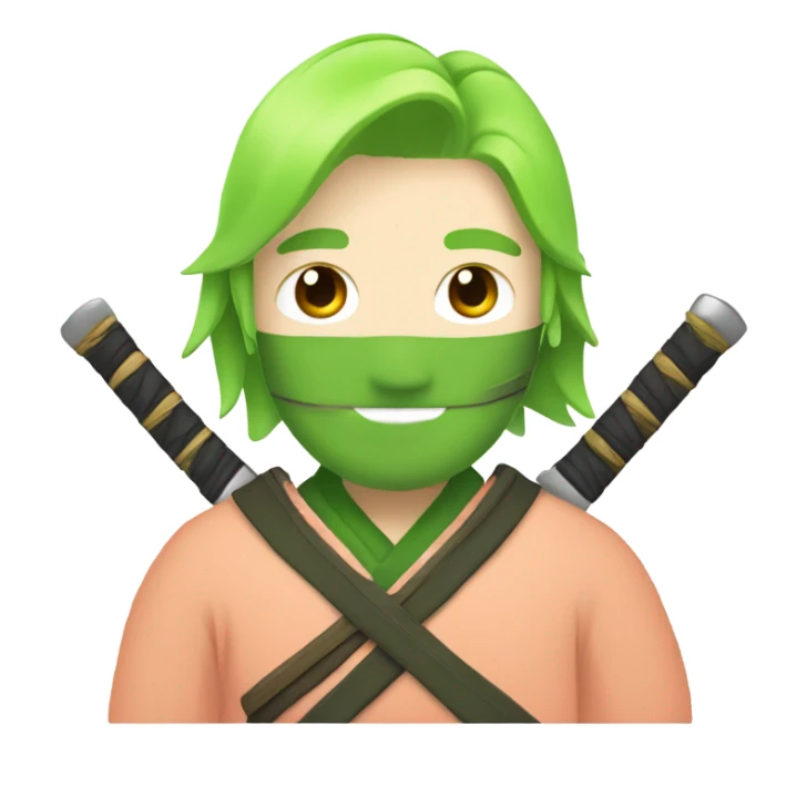 Peach man with short lime green hair with darker green clothes and three samurai swords. sticker