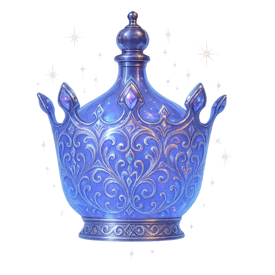 modernus prabangus eliksyro buteliukas, karūnos forma, spalva #7986cb, išraiškingi holografiniai ir sidabriniai filigranai, kristalo švytėjimas, žėrintys magiški efektai, šviesos lūžiai, labai mažas kaklelis, ornamentuotas vientisas dugnas, skaidrus fonas, be šešėlio, aiškiai plūduriuoja ore, nestovi, kolekcijos stilius, maksimaliai gražus sticker