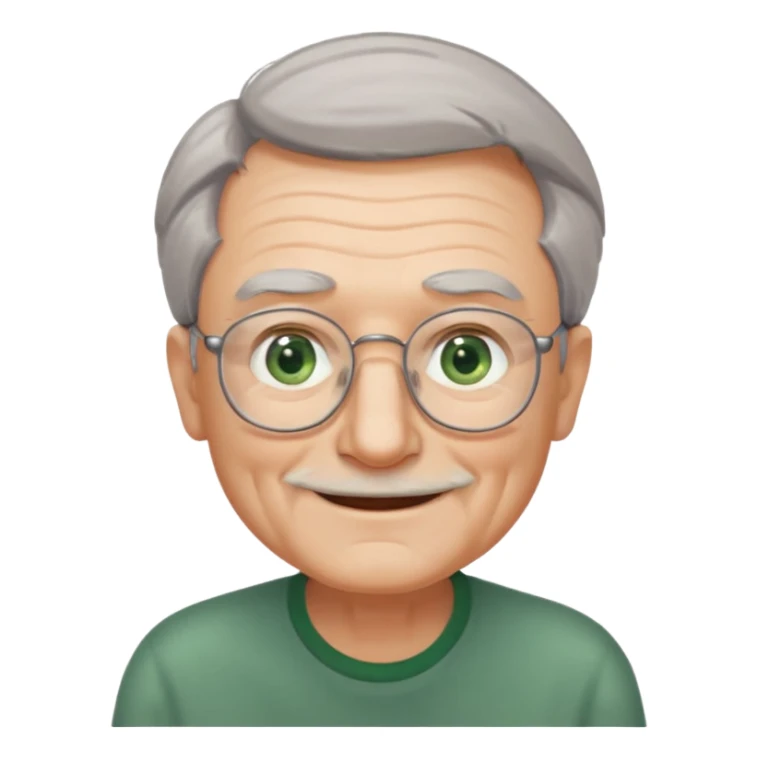 Old man with receding hair, grey hair only on the sides, green eyes, rectangular reading glasses, rounded clear face, with a smile sticker