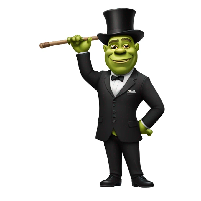 shrek with a 20th centry bowler, a cane, a luxury black suit and pants and waving sticker