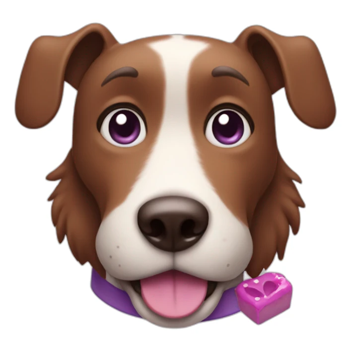 a purple dog with a brown nose and a pink collar with a bone eat cake sticker