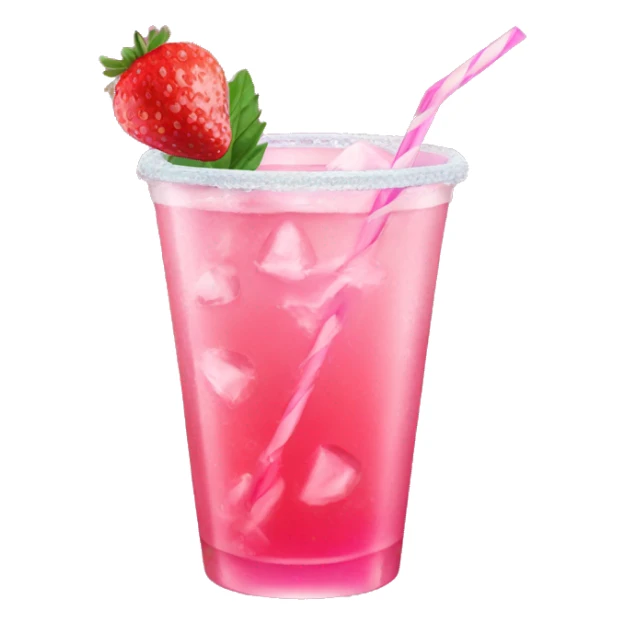 Pink drink with ice, straw, and strawberry on rim sticker