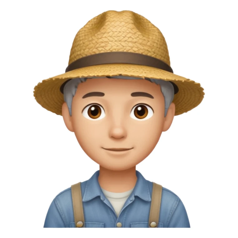 young guy with short gray hair, wearing a straw farmer hat sticker