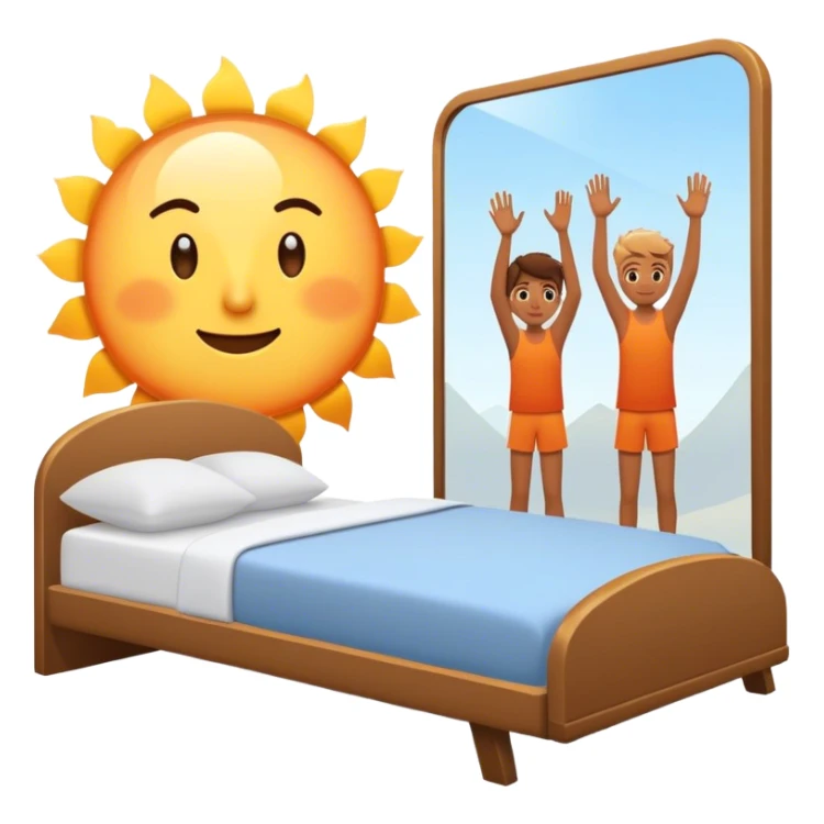 A person stands beside their bed, rolling out groggily with determination. The bed behind them is neatly made, a mirror in front of them shows them high-fiving their reflection. A glowing sunrise outside signals the start of a productive day. sticker