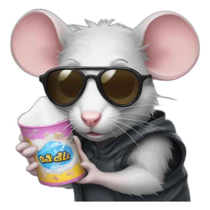 badass rat wearing sunglasses holding a small half-filled plastic bag of powdered sugar sticker