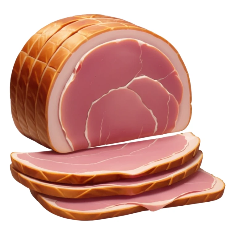 sliced turkey ham, thin curved slices, pale pink, smooth uniform, clean edges, moist, lean, delicately folded, soft translucent, no fat marbling, no bread, cheese, packaging, or faces, clean 3D, soft lighting, transparent background, emoji scale sticker