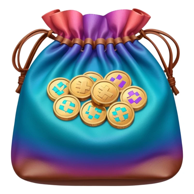 coins  inside a brown leather bag Coins color -in gradient of turquoise, blue, pink, purple, and coral sticker