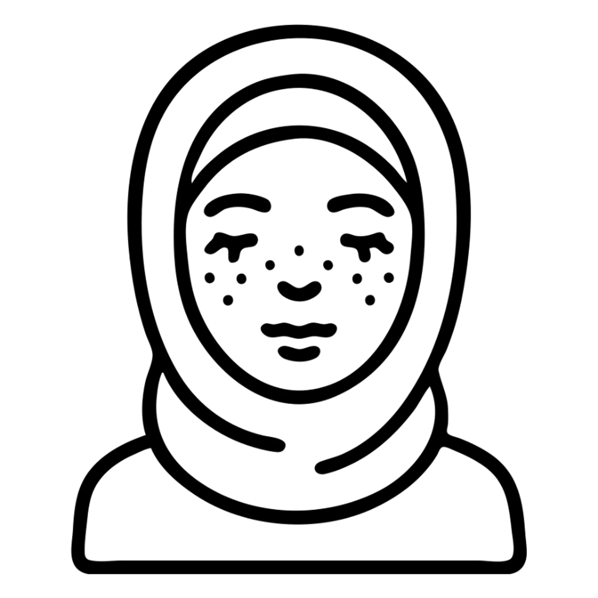 white girl with a white hijab, freckles, long eyelashes, thin lips, thin dark brown eyebrows, minimalistic icon style sticker