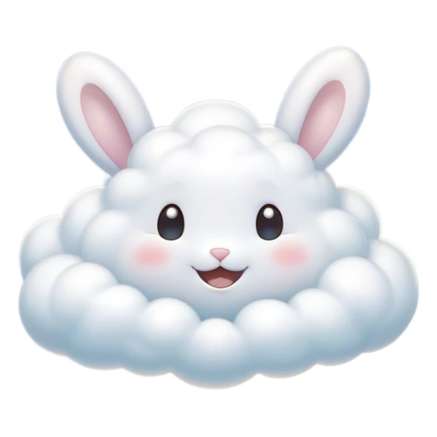 Cinematic tiny puffy bunny-shaped cloud, floating gently in the sky, soft glowing light, tiny rounded ears, smiling face, dreamy and magical. sticker