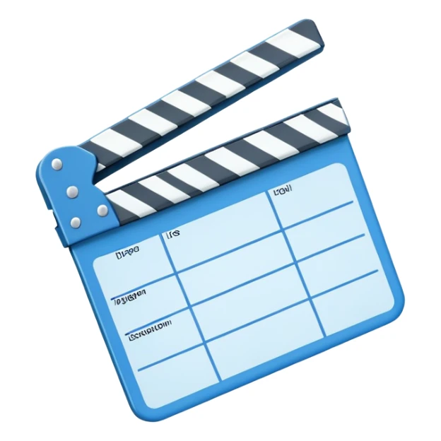 ultra simplified movie clapper with blue and white colors, two simple rectangles with a diagonal line sticker